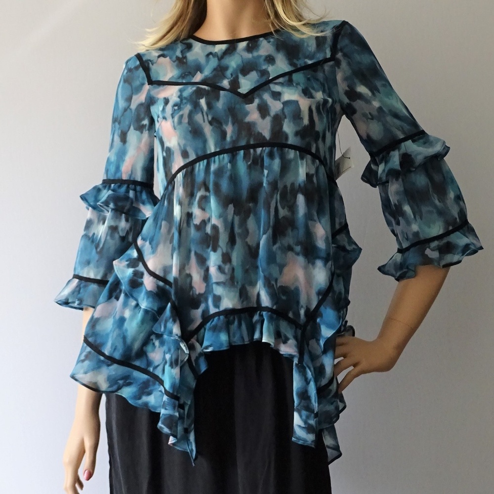 Bar III Teal Glaze Printed 3/4 Sleeves Blouse NWT - Picture 1 of 3